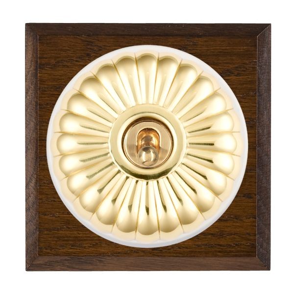 Hamilton Bloomsbury Chamfered Dark Oak 1 Gang 20AX Intermediate Toggle Switch with Polished Brass Fluted Dome and White Collar