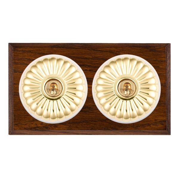 Hamilton Bloomsbury Chamfered Dark Oak 2 Gang 20AX Intermediate Toggle Switch with Polished Brass Fluted Dome and White Collar