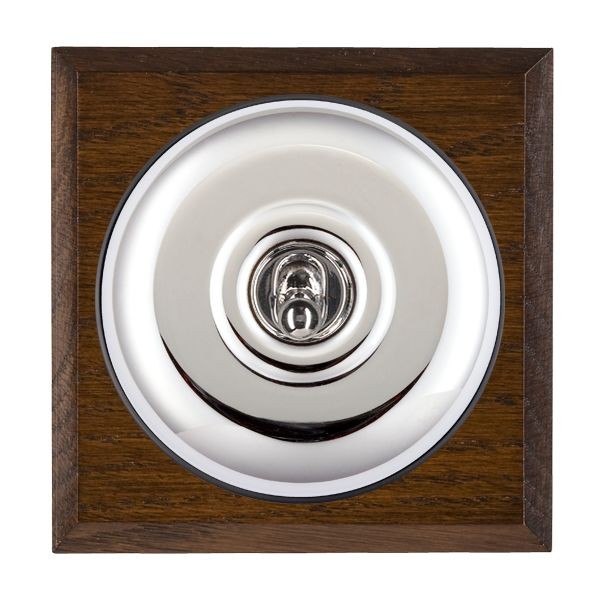 Hamilton BCDPT21BC-B Bloomsbury Chamfered Dark Oak 1 Gang 20AX 2 Way Toggle Switch with Bright Chrome Plain Dome and Black Collar