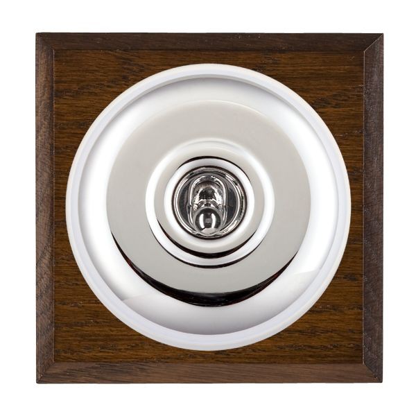 Hamilton BCDPT21BC-W Bloomsbury Chamfered Dark Oak 1 Gang 20AX 2 Way Toggle Switch with Bright Chrome Plain Dome and White Collar