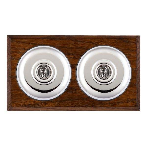 Hamilton BCDPT22BC-B Bloomsbury Chamfered Dark Oak 2 Gang 20AX 2 Way Toggle Switch with Bright Chrome Plain Dome and Black Collar