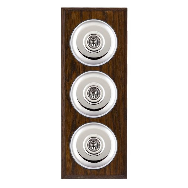 Hamilton BCDPT23BC-B Bloomsbury Chamfered Dark Oak 3 Gang 20AX 2 Way Toggle Switch with Bright Chrome Plain Dome and Black Collar
