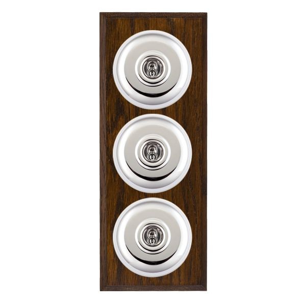 Hamilton BCDPT23BC-W Bloomsbury Chamfered Dark Oak 3 Gang 20AX 2 Way Toggle Switch with Bright Chrome Plain Dome and White Collar