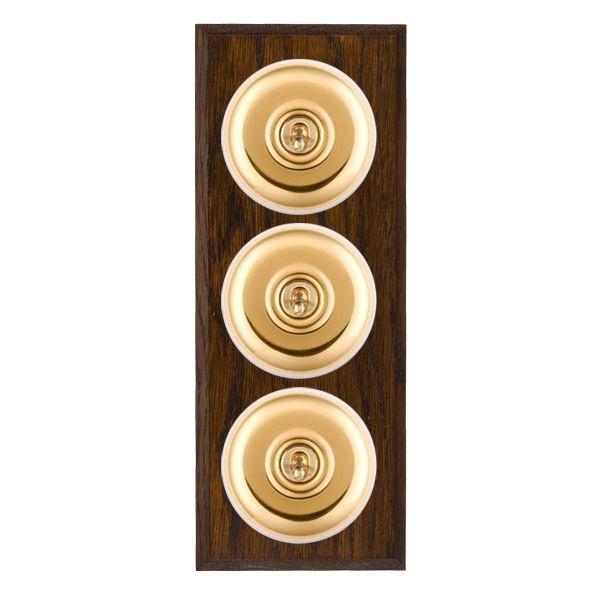 Hamilton BCDPT23PB-W Bloomsbury Chamfered Dark Oak 3 Gang 20AX 2 Way Toggle Switch with Polished Brass Plain Dome and White Collar