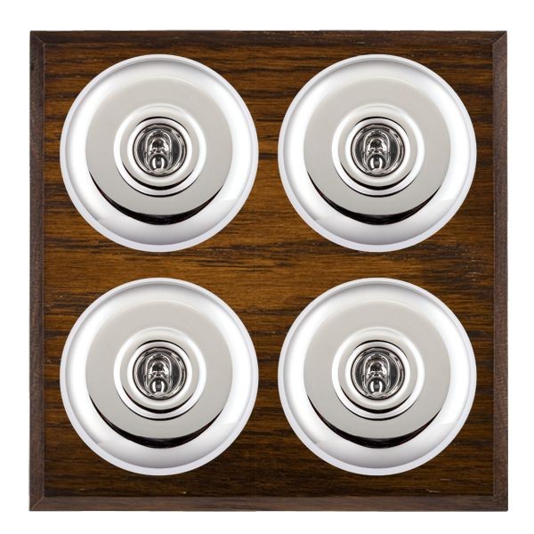 Hamilton BCDPT24BC-W Bloomsbury Chamfered Dark Oak 4 Gang 20AX 2 Way Toggle Switch with Bright Chrome Plain Dome and White Collar