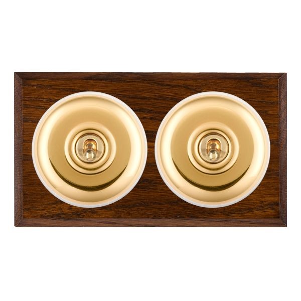Hamilton Bloomsbury Chamfered Dark Oak 2 Gang 20AX Intermediate Toggle Switch with Polished Brass Plain Dome and White Collar