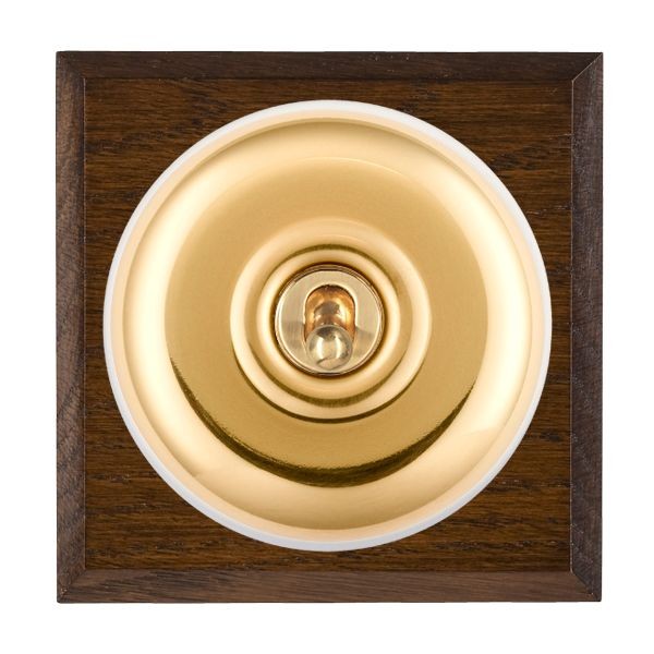 Hamilton BCDPTDPPB-W Bloomsbury Chamfered Dark Oak 1 Gang 20AX Double Pole Toggle Switch with Polished Brass Plain Dome and White Collar