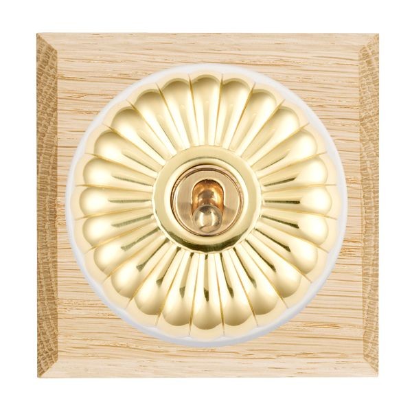 Hamilton Bloomsbury Chamfered Light Oak 1 Gang 20AX Intermediate Toggle Switch with Polished Brass Fluted Dome and White Collar