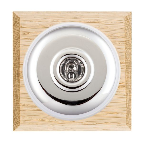 Hamilton Bloomsbury Chamfered Light Oak 1 Gang 20AX 2 Way Toggle Switch with Bright Chrome Plain Dome and White Collar