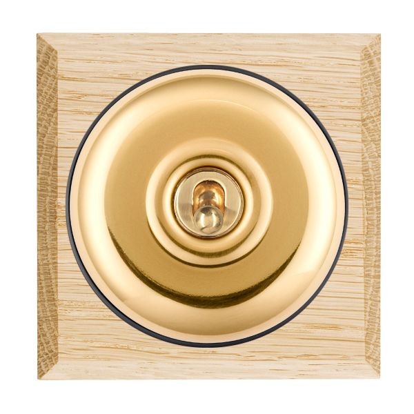 Hamilton BCLPT21PB-B Bloomsbury Chamfered Light Oak 1 Gang 20AX 2 Way Toggle Switch with Polished Brass Plain Dome and Black Collar