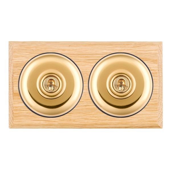 Hamilton BCLPT22PB-B Bloomsbury Chamfered Light Oak 2 Gang 20AX 2 Way Toggle Switch with Polished Brass Plain Dome and Black Collar
