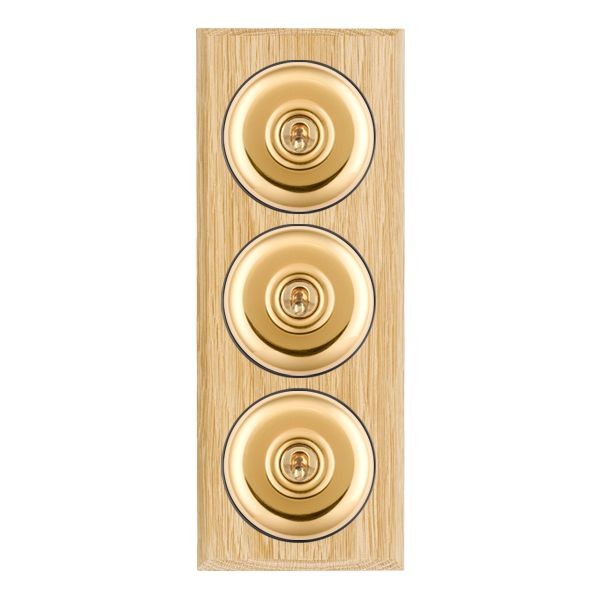 Hamilton BCLPT23PB-B Bloomsbury Chamfered Light Oak 3 Gang 20AX 2 Way Toggle Switch with Polished Brass Plain Dome and Black Collar