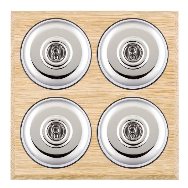 Hamilton BCLPT24BC-B Bloomsbury Chamfered Light Oak 4 Gang 20AX 2 Way Toggle Switch with Bright Chrome Plain Dome and Black Collar