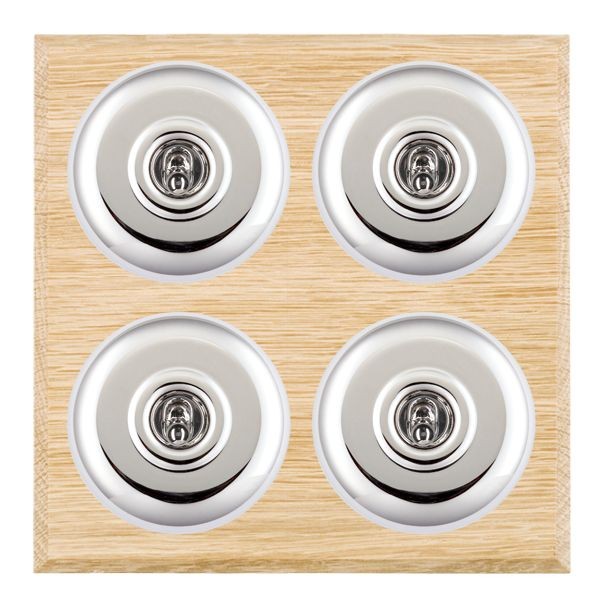 Hamilton BCLPT24BC-W Bloomsbury Chamfered Light Oak 4 Gang 20AX 2 Way Toggle Switch with Bright Chrome Plain Dome and White Collar