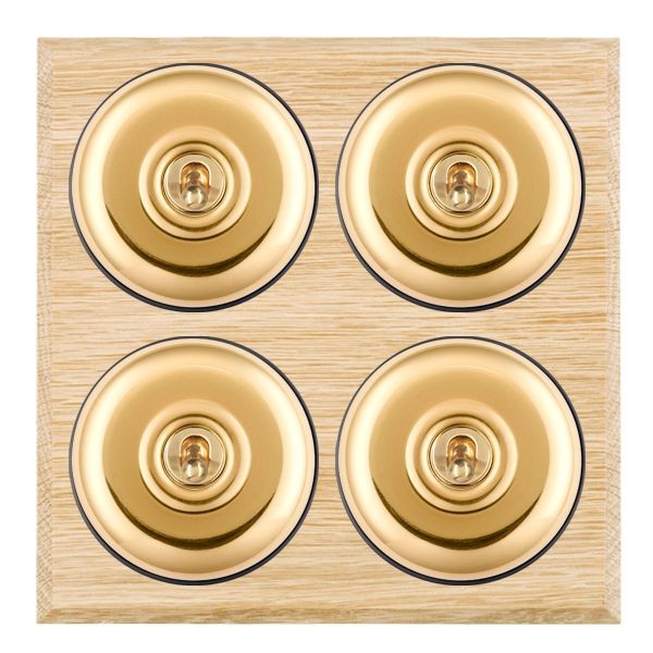 Hamilton BCLPT24PB-B Bloomsbury Chamfered Light Oak 4 Gang 20AX 2 Way Toggle Switch with Polished Brass Plain Dome and Black Collar