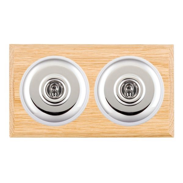 Hamilton BCLPT32BC-W Bloomsbury Chamfered Light Oak 2 Gang 20AX Intermediate Toggle Switch with Bright Chrome Plain Dome and White Collar
