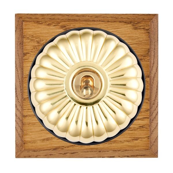 Hamilton Bloomsbury Chamfered Medium Oak 1 Gang 20AX Intermediate Toggle Switch with Polished Brass Fluted Dome and Black Collar