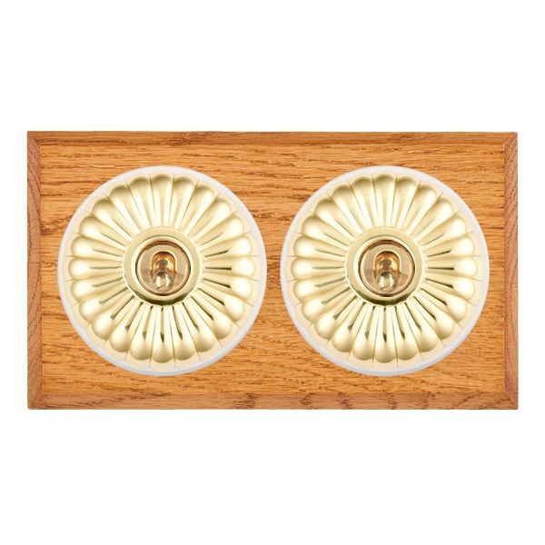 Hamilton Bloomsbury Chamfered Medium Oak 2 Gang 20AX Intermediate Toggle Switch with Polished Brass Fluted Dome and White Collar