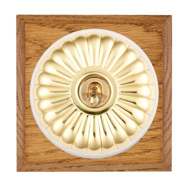 Hamilton Bloomsbury Chamfered Medium Oak 1 Gang 20AX Double Pole Toggle Switch with Polished Brass Fluted Dome and White Collar