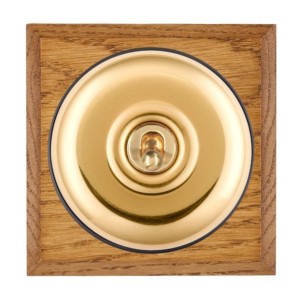 Hamilton BCMPT21PB-B Bloomsbury Chamfered Medium Oak 1 Gang 20AX 2 Way Toggle Switch with Polished Brass Plain Dome and Black Collar