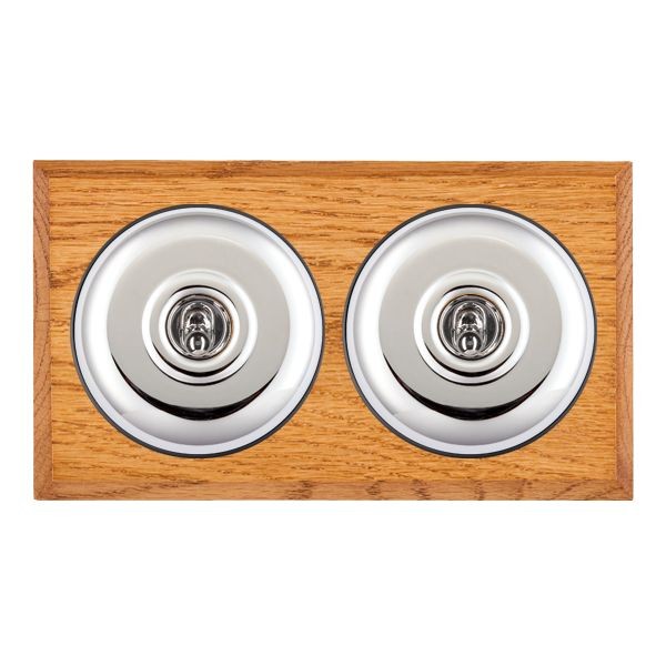 Hamilton BCMPT22BC-B Bloomsbury Chamfered Medium Oak 2 Gang 20AX 2 Way Toggle Switch with Bright Chrome Plain Dome and Black Collar
