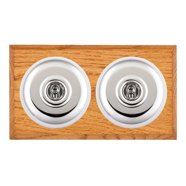 Hamilton BCMPT22BC-W Bloomsbury Chamfered Medium Oak 2 Gang 20AX 2 Way Toggle Switch with Bright Chrome Plain Dome and White Collar