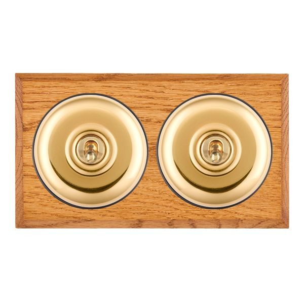 Hamilton BCMPT22PB-B Bloomsbury Chamfered Medium Oak 2 Gang 20AX 2 Way Toggle Switch with Polished Brass Plain Dome and Black Collar