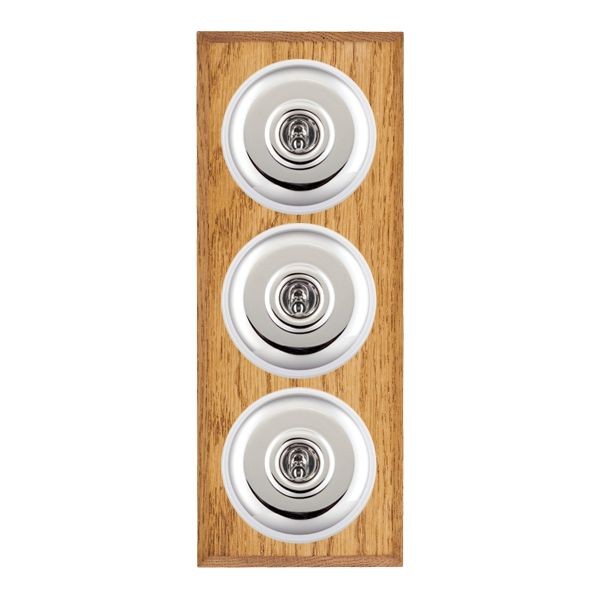 Hamilton BCMPT23BC-W Bloomsbury Chamfered Medium Oak 3 Gang 20AX 2 Way Toggle Switch with Bright Chrome Plain Dome and White Collar