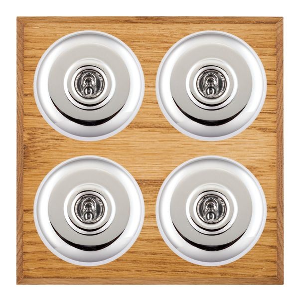 Hamilton BCMPT24BC-W Bloomsbury Chamfered Medium Oak 4 Gang 20AX 2 Way Toggle Switch with Bright Chrome Plain Dome and White Collar