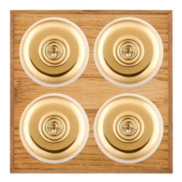 Hamilton BCMPT24PB-W Bloomsbury Chamfered Medium Oak 4 Gang 20AX 2 Way Toggle Switch with Polished Brass Plain Dome and White Collar