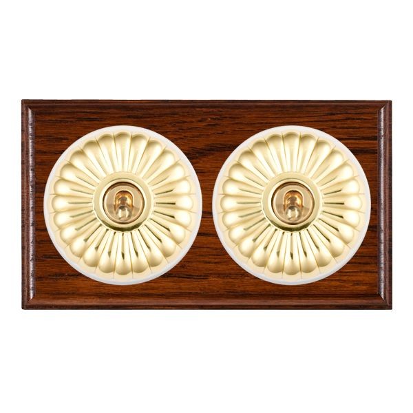 Hamilton BOAFT32PB-W Bloomsbury Ovolo Antique Mahogany 2 Gang 20AX Intermediate Toggle Switch with Polished Brass Fluted Dome and White Collar