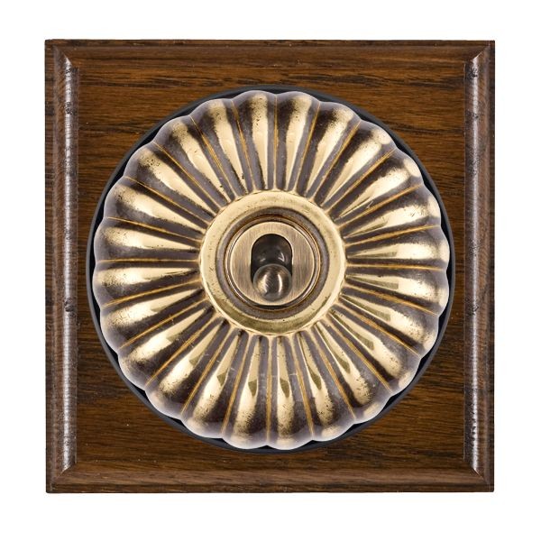 Hamilton BODFTDPAB-B Bloomsbury Ovolo Dark Oak 1 Gang 20AX Double Pole Toggle Switch with Antique Brass Fluted Dome and Black Collar
