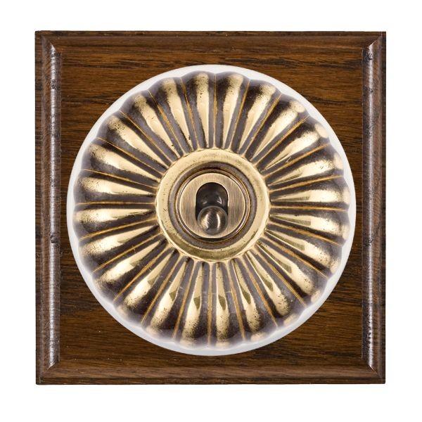 Hamilton BODFTDPAB-W Bloomsbury Ovolo Dark Oak 1 Gang 20AX Double Pole Toggle Switch with Antique Brass Fluted Dome and White Collar