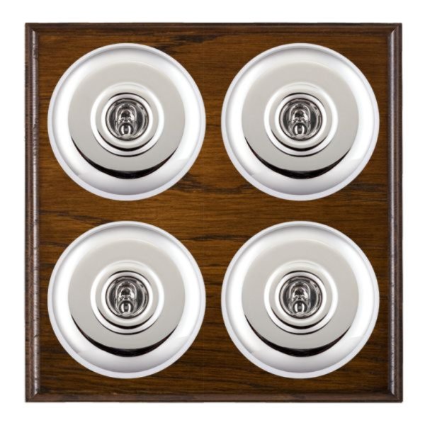 Hamilton BODPT24BC-W Bloomsbury Ovolo Dark Oak 4 Gang 20AX 2 Way Toggle Switch with Bright Chrome Plain Dome and White Collar