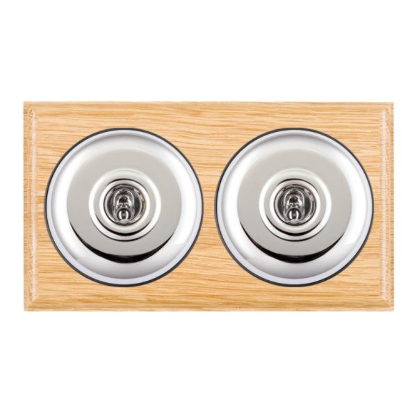 Hamilton Bloomsbury Ovolo Light Oak 2 Gang 20AX 2 Way Toggle Switch with Bright Chrome Plain Dome and Black Collar