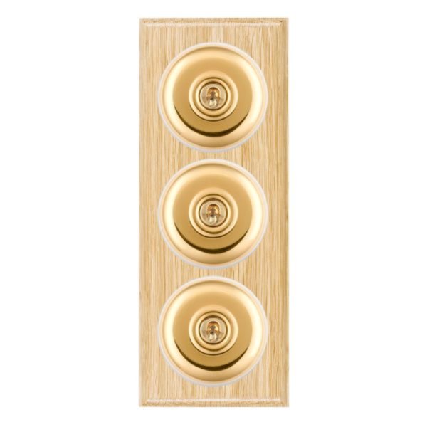 Hamilton BOLPT23PB-W Bloomsbury Ovolo Light Oak 3 Gang 20AX 2 Way Toggle Switch with Polished Brass Plain Dome and White Collar