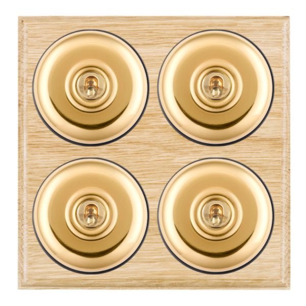 Hamilton BOLPT24PB-B Bloomsbury Ovolo Light Oak 4 Gang 20AX 2 Way Toggle Switch with Polished Brass Plain Dome and Black Collar