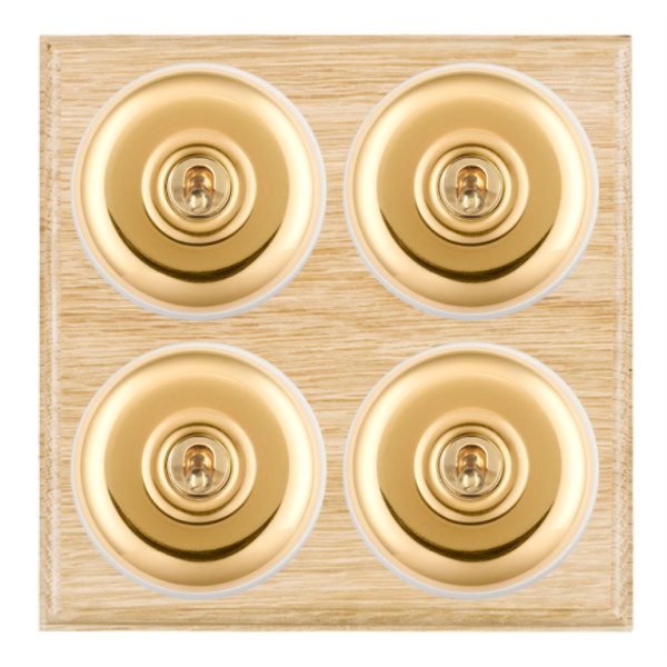 Hamilton BOLPT24PB-W Bloomsbury Ovolo Light Oak 4 Gang 20AX 2 Way Toggle Switch with Polished Brass Plain Dome and White Collar
