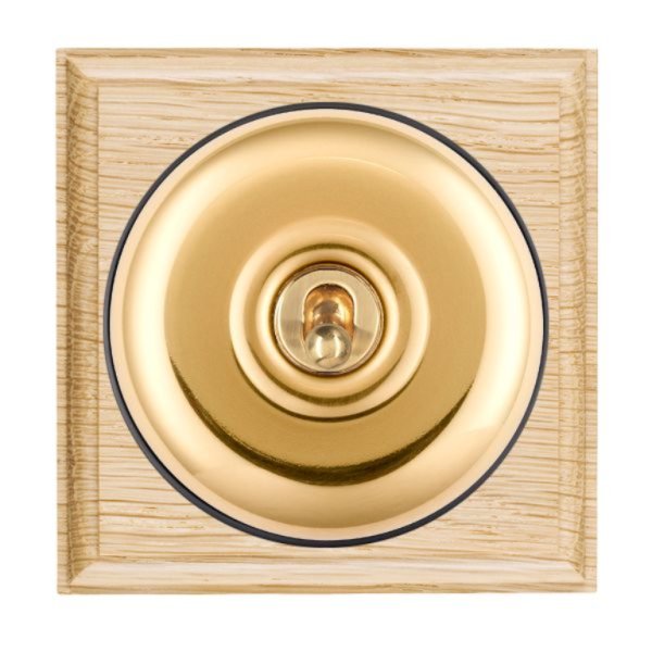 Hamilton BOLPTDPPB-B Bloomsbury Ovolo Light Oak 1 Gang 20AX Double Pole Toggle Switch with Polished Brass Plain Dome and Black Collar