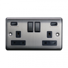 Thrion 2 Gang 13A Single Pole Switched Socket+2 USB Outlets, Brushed Chrome Grey Insert