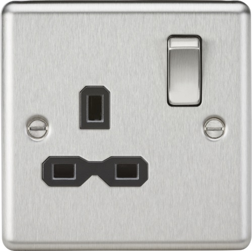 13A 1G DP Switched Socket with Black Insert - Rounded Edge Brushed Chrome