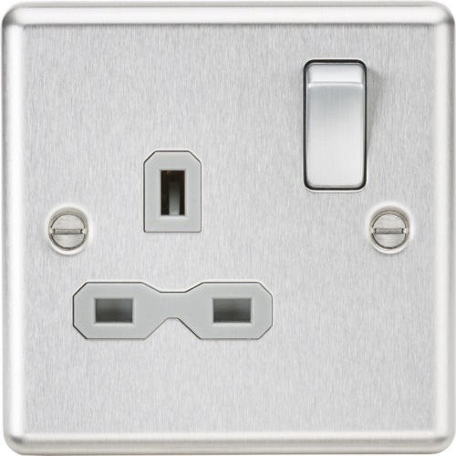 13A 1G DP Switched Socket with Grey Insert - Rounded Edge Brushed Chrome