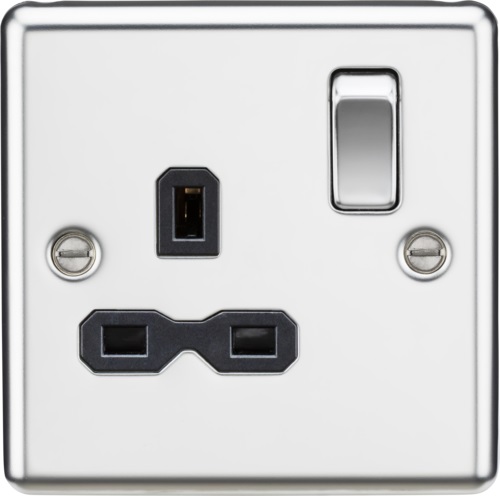 13A 1G DP Switched Socket with Black Insert - Rounded Edge Polished Chrome