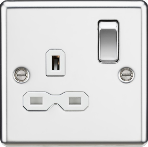 13A 1G DP Switched Socket with White Insert - Rounded Edge Polished Chrome
