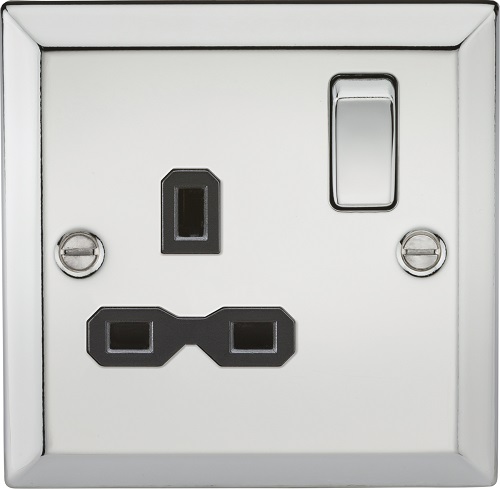 13A 1G DP Switched Socket with Black Insert - Bevelled Edge Polished Chrome