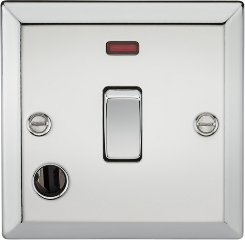 20A 1G DP Switch with Neon & Flex Outlet - Bevelled Edge Polished Chrome