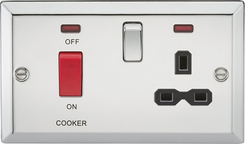45A DP Cooker Switch & 13A Switched Socket with Neons & Black Insert - Bevelled Edge Polished Chrome