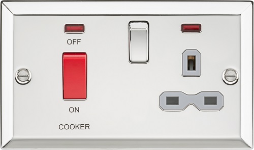 45A DP Cooker Switch & 13A Switched Socket with Neons & Grey Insert - Bevelled Edge Polished Chrome
