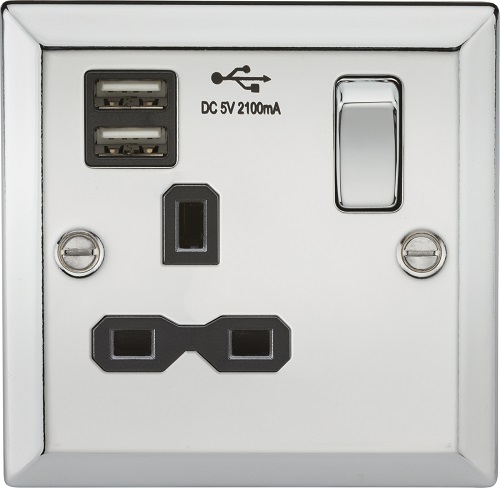 13A 1G Switched Socket Dual USB Charger Slots with Black Insert - Bevelled Edge Polished Chrome