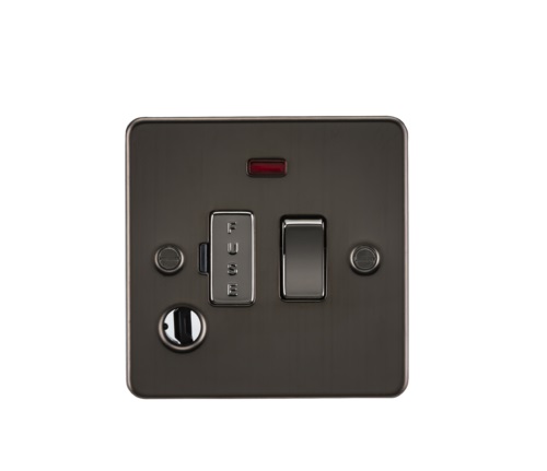Flat Plate 13A switched fused spur unit with neon and flex outlet - gunmetal